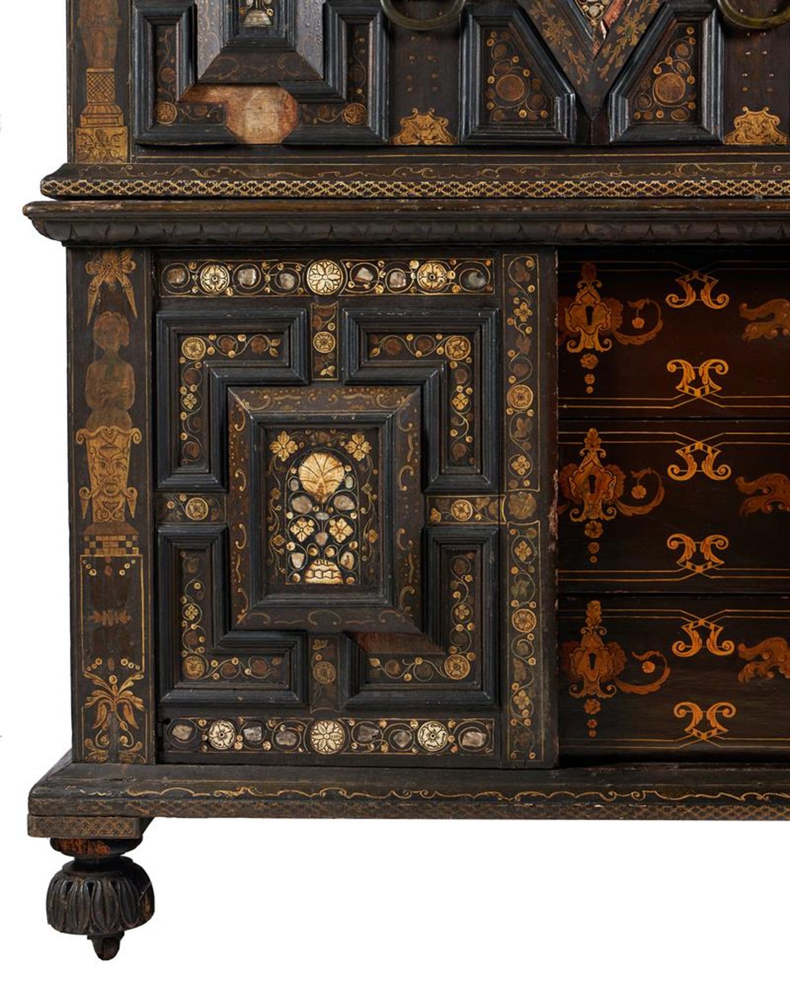 Y A CHARLES II PAINTED OAK, MOTHER OF PEAR AND BONE INLAID ENCLOSED CHEST OF DRAWERS, CIRCA 1660 - Image 9 of 17