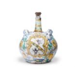 A LARGE SICILIAN MAIOLICA TWO-HANDLED FLASK OF PILGRIM BOTTLE FORM, 18TH CENTURY