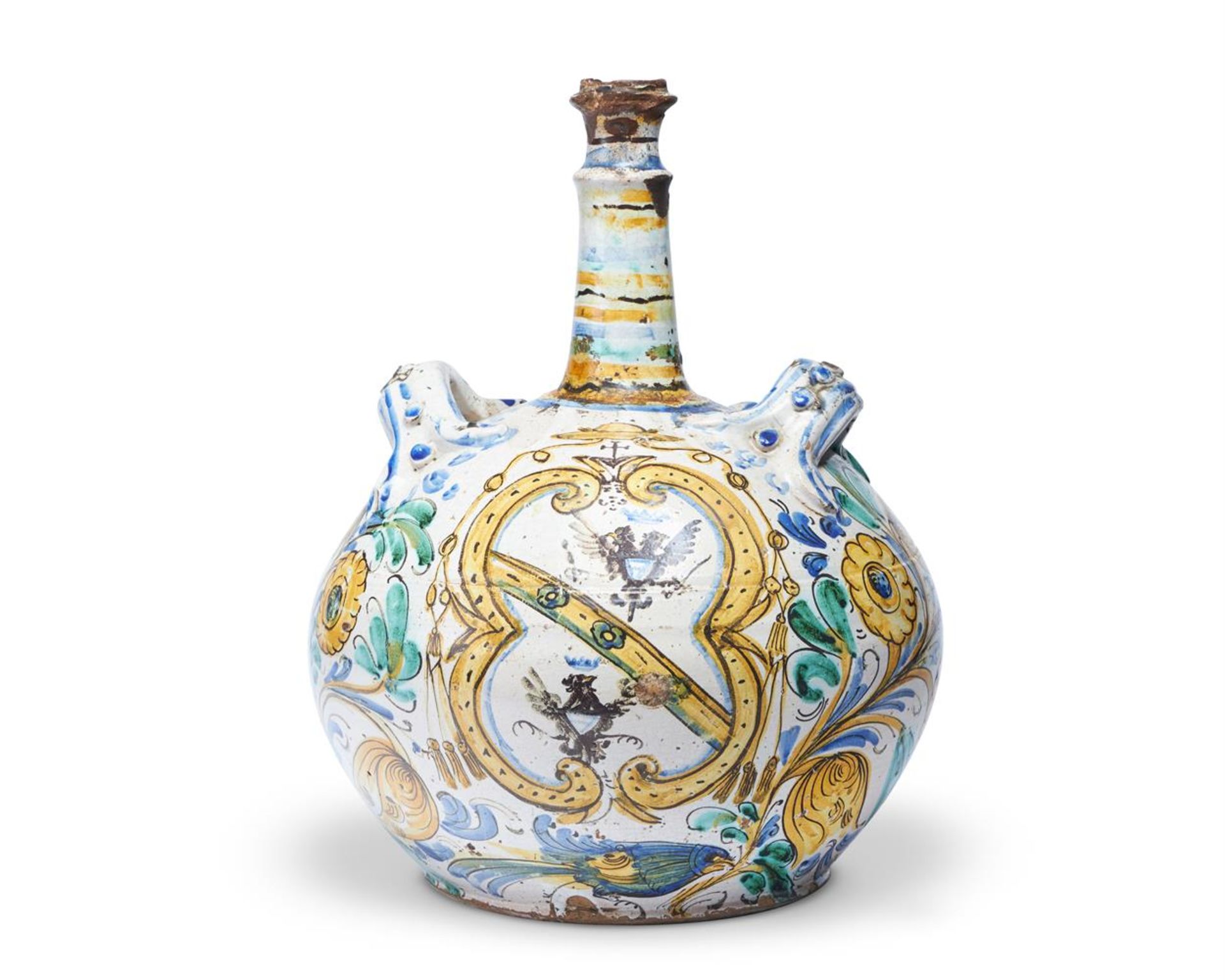 A LARGE SICILIAN MAIOLICA TWO-HANDLED FLASK OF PILGRIM BOTTLE FORM, 18TH CENTURY