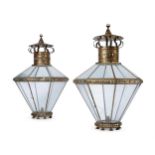 A PAIR OF PRESSED METAL AND GLAZED OCTAGONAL TAPERING HALL LANTERNS, 20TH CENTURY