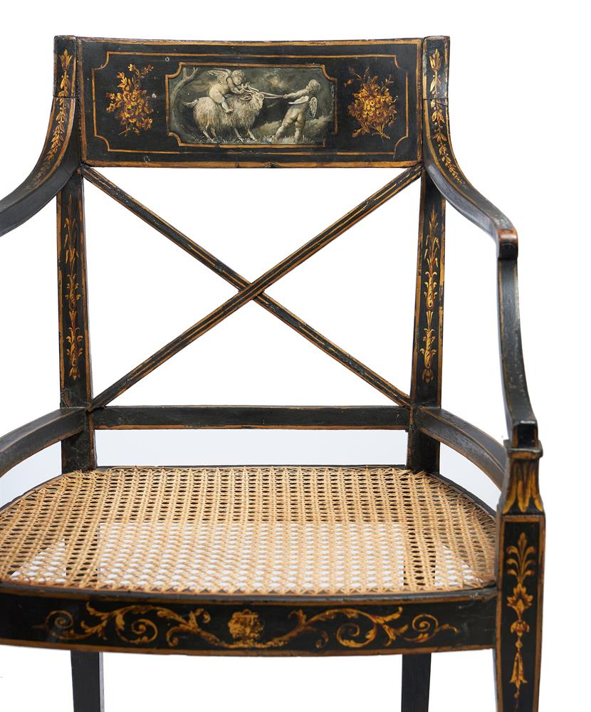 A SET OF FOUR EBONISED PARCEL GILT AND PAINTED ARMCHAIRS, CIRCA 1810 AND LATER - Bild 2 aus 7