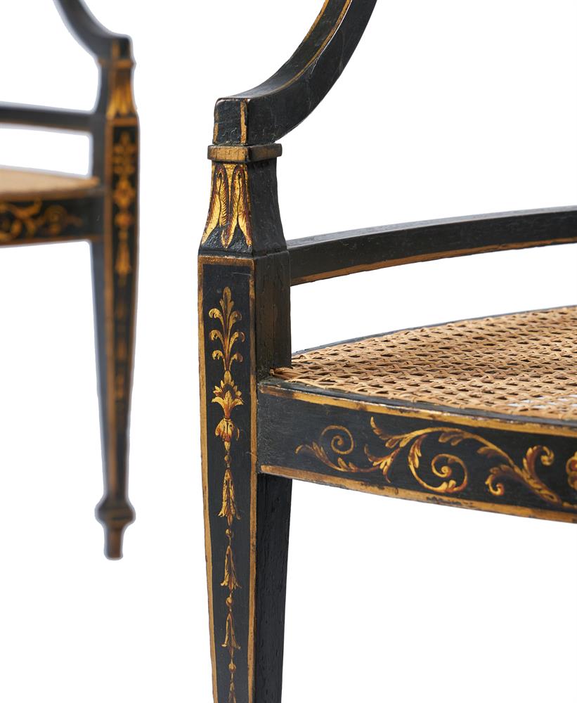 A SET OF FOUR EBONISED PARCEL GILT AND PAINTED ARMCHAIRS, CIRCA 1810 AND LATER - Bild 6 aus 7