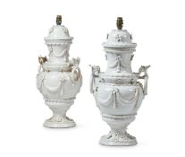 A PAIR OF WHITE GLAZED LAMPS, 20TH CENTURY SPANISH