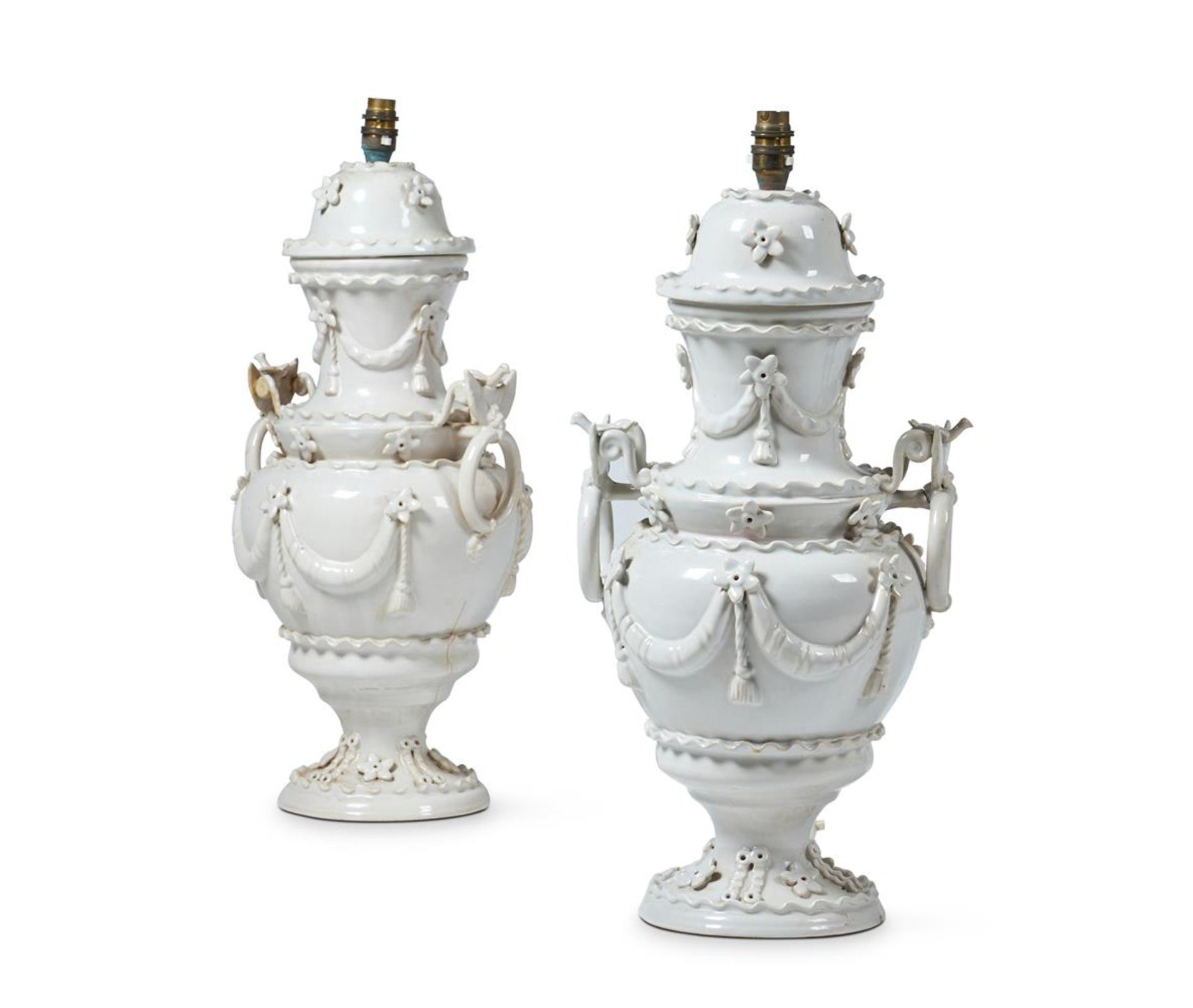 A PAIR OF WHITE GLAZED LAMPS, 20TH CENTURY SPANISH