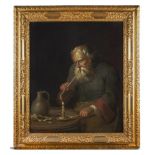 FOLLOWER OF DAVID TENIERS, A BEARDED MAN LIGHTING HIS PIPE