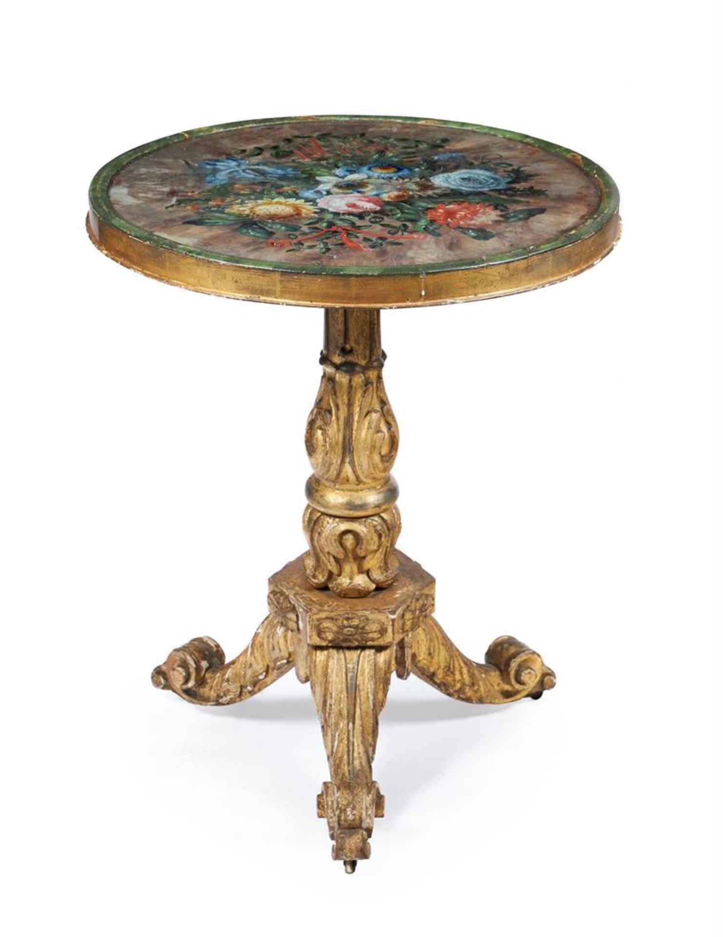 A WILLIAM IV VERRE EGLOMISE AND GILTWOOD TILT TOP OCCASIONAL TABLE