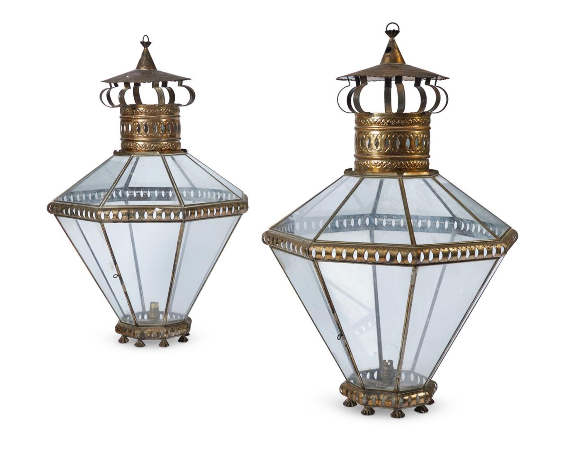 A PAIR OF PRESSED METAL AND GLAZED OCTAGONAL TAPERING HALL LANTERNS, 20TH CENTURY - Image 2 of 2