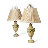 A PAIR OF CREAM AND PAINTED TOLEWARE BALUSTER TABLE LAMPS, 20TH CENTURY