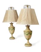 A PAIR OF CREAM AND PAINTED TOLEWARE BALUSTER TABLE LAMPS, 20TH CENTURY