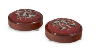 A PAIR OF VICTORIAN WALNUT AND BEAD MOUNTED FOOT STOOLS, MID 19TH CENTURY