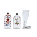 TWO GERMAN ENAMELLED GLASS AND PEWTER MOUNTED SPIRIT FLASKS, MID 18TH CENTURY