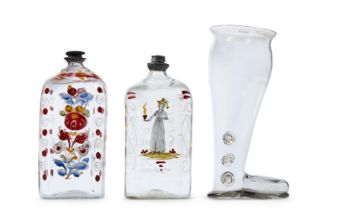TWO GERMAN ENAMELLED GLASS AND PEWTER MOUNTED SPIRIT FLASKS, MID 18TH CENTURY