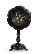 A VICTORIAN EBONISED PAPIER MACHE AND MOTHER OF PEARL INLAID OCCASIONAL TABLE, CIRCA 1850
