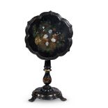 A VICTORIAN EBONISED PAPIER MACHE AND MOTHER OF PEARL INLAID OCCASIONAL TABLE, CIRCA 1850