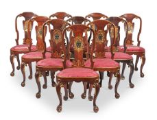 A SET OF EIGHT GEORGE II WALNUT AND PARCEL GILT DINING CHAIRS, CIRCA 1730