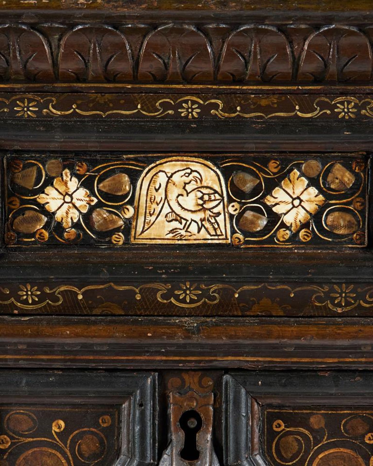Y A CHARLES II PAINTED OAK, MOTHER OF PEAR AND BONE INLAID ENCLOSED CHEST OF DRAWERS, CIRCA 1660 - Image 12 of 17