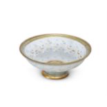 A CONTINENTAL FROSTED GLASS TAZZA PAINTED IN COLOURED ENAMELS AND GILT, 19TH CENTURY