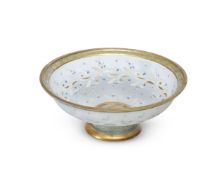 A CONTINENTAL FROSTED GLASS TAZZA PAINTED IN COLOURED ENAMELS AND GILT, 19TH CENTURY