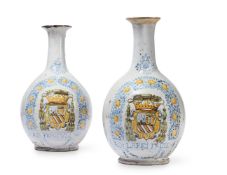 A PAIR OF ITALIAN MAIOLICA ARMORIAL BOTTLE VASES, 18TH CENTURY