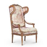 A GREY PAINTED BEECH WING OPEN ARMCHAIR IN LOUIS XVI STYLE, LATE 19TH CENTURY