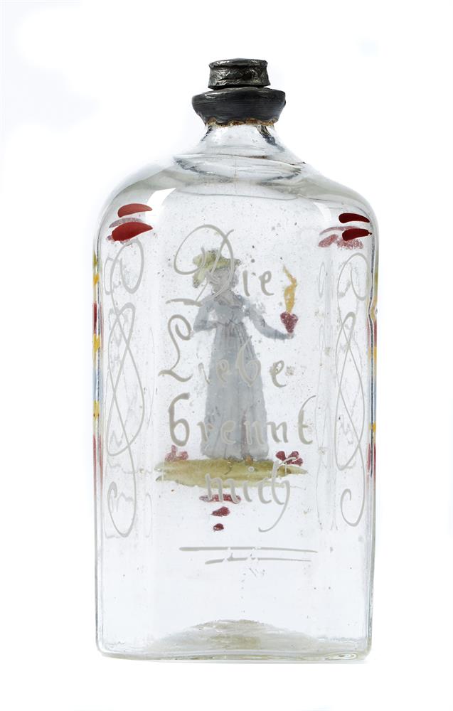 TWO GERMAN ENAMELLED GLASS AND PEWTER MOUNTED SPIRIT FLASKS, MID 18TH CENTURY - Bild 2 aus 2