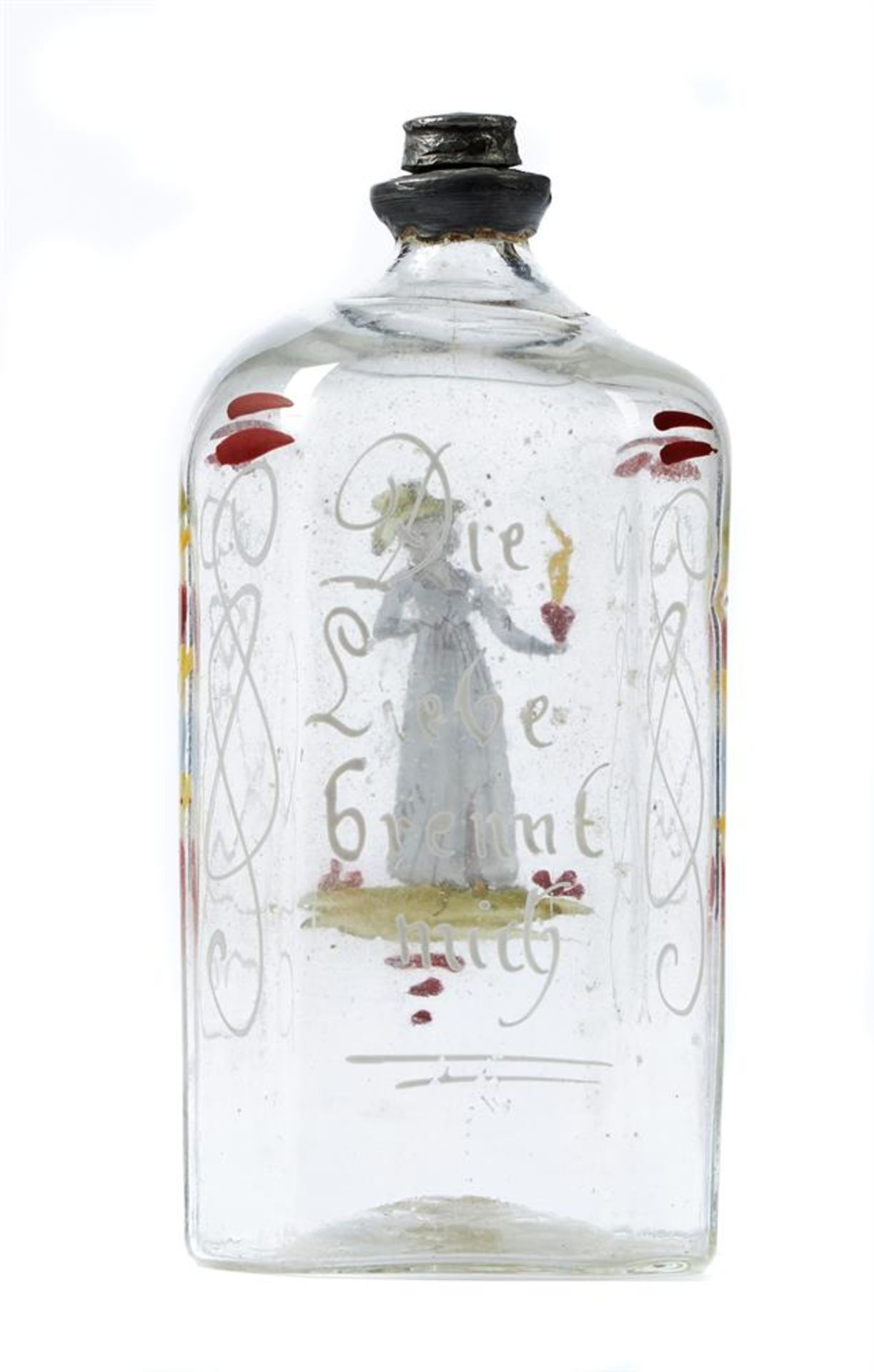 TWO GERMAN ENAMELLED GLASS AND PEWTER MOUNTED SPIRIT FLASKS, MID 18TH CENTURY - Image 2 of 2