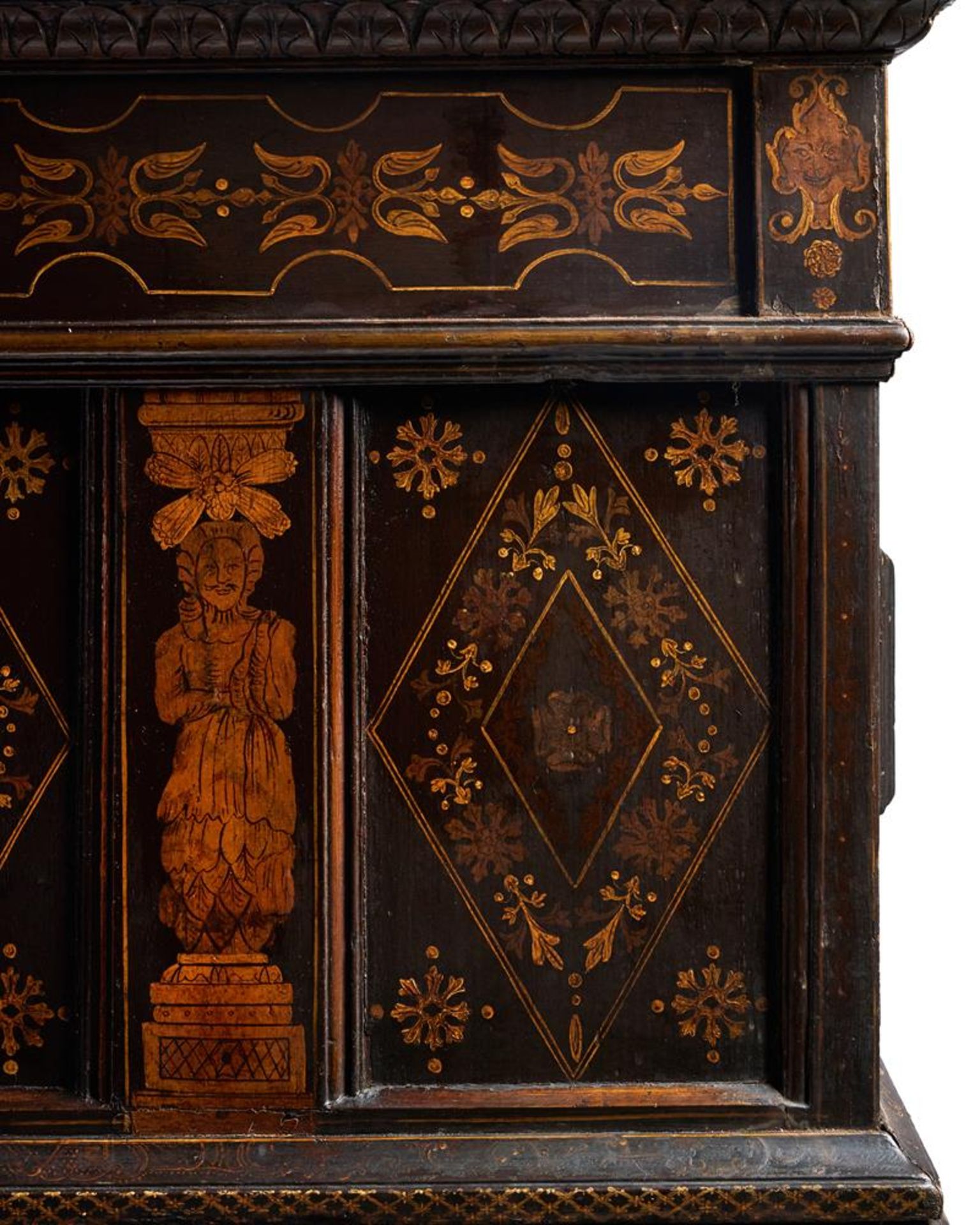 Y A CHARLES II PAINTED OAK, MOTHER OF PEAR AND BONE INLAID ENCLOSED CHEST OF DRAWERS, CIRCA 1660 - Image 17 of 17