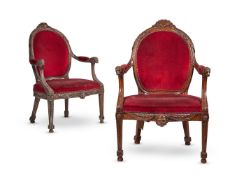 A CARVED BEECH ARMCHAIR IN 18TH CENTURY STYLE, 19TH CENTURY