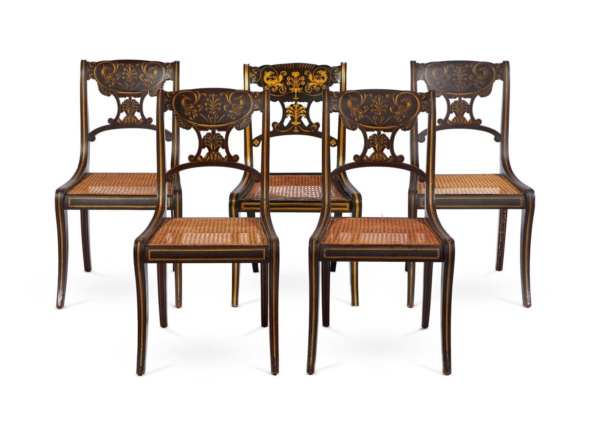 A SET OF FOUR BROWN PAINTED AND PARCEL GILT SIDE CHAIRS, LATE 19TH/ 20TH CENTURY