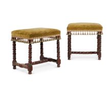 A PAIR OF WALNUT AND UPHOLSTERED STOOLS, MID 18TH CENTURY AND LATER
