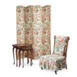 A FLORAL PRINTED LINEN UPHOLSTERED FOUR FOLD SCREEN, SECOND QUARTER 20TH CENTURY