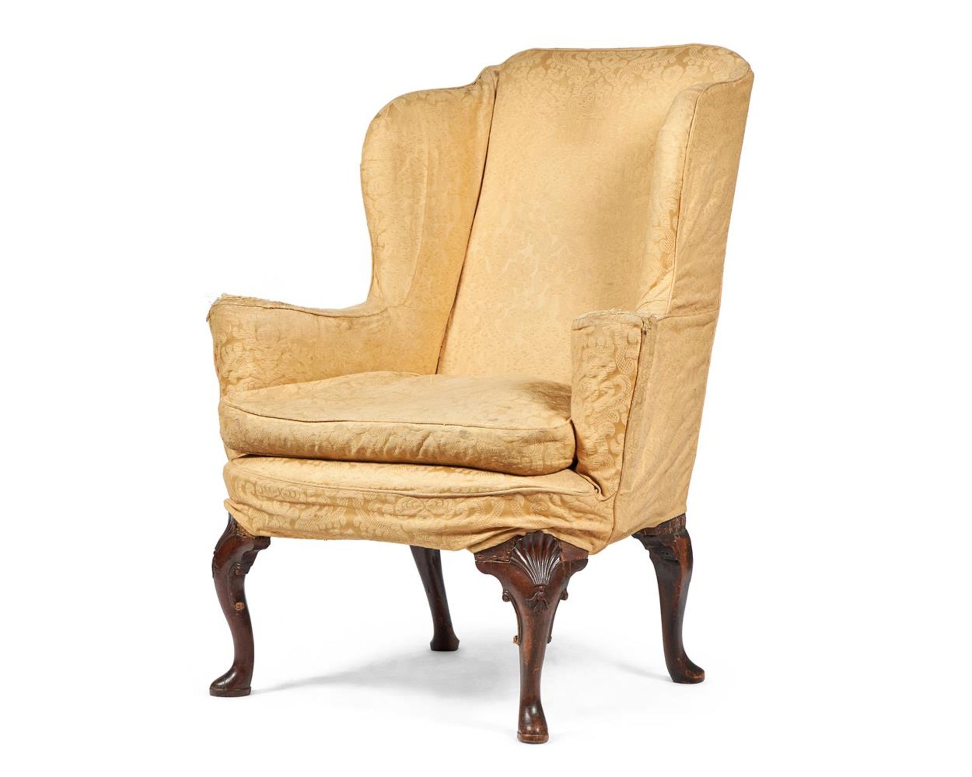 A WALNUT AND UPHOLSTERED WING ARMCHAIR, CIRCA 1740 AND LATER - Image 2 of 4