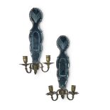 A PAIR OF ETCHED GLASS AND METAL MOUNTED WALL SCONCES, 20TH CENTURY DESIGNED BY OLIVER MESSEL