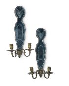 A PAIR OF ETCHED GLASS AND METAL MOUNTED WALL SCONCES, 20TH CENTURY DESIGNED BY OLIVER MESSEL