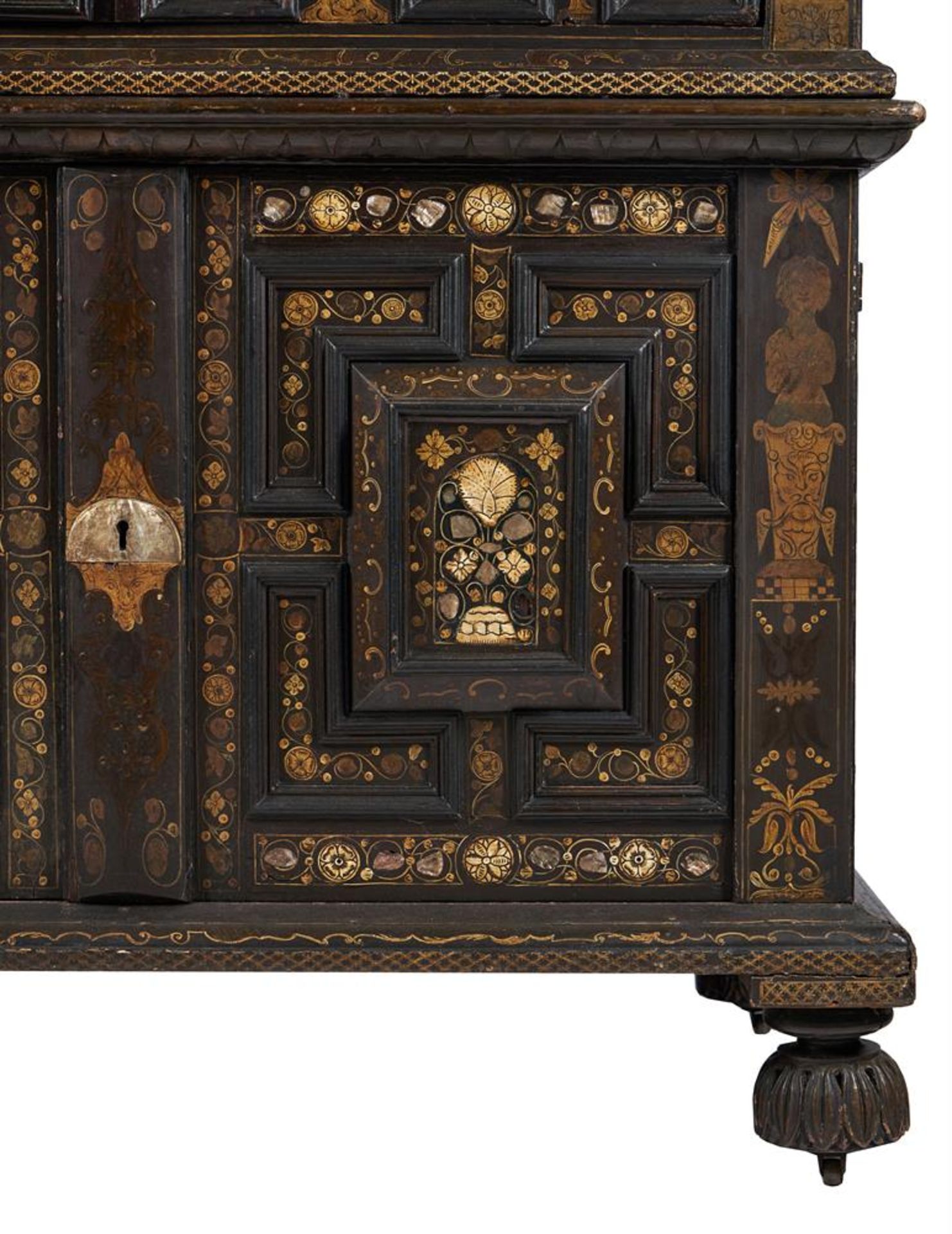 Y A CHARLES II PAINTED OAK, MOTHER OF PEAR AND BONE INLAID ENCLOSED CHEST OF DRAWERS, CIRCA 1660 - Image 6 of 17