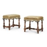 A PAIR OF WALNUT AND UPHOLSTERED RECTANGULAR STOOLS, EARLY 18TH CENTURY AND LATER