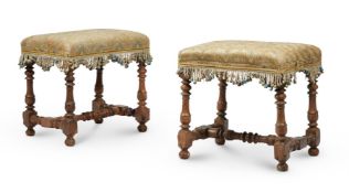 A PAIR OF WALNUT AND UPHOLSTERED RECTANGULAR STOOLS, EARLY 18TH CENTURY AND LATER