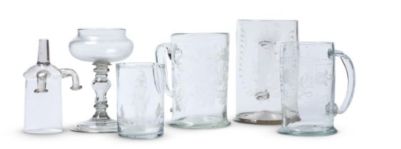 THREE VARIOUS GERMAN GLASS ENGRAVED TANKARDS, MID 18TH CENTURY