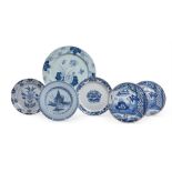 A GROUP OF ENGLISH DELFT BLUE AND WHITE PLATES To include a pair of plates with oriental scenes 22.