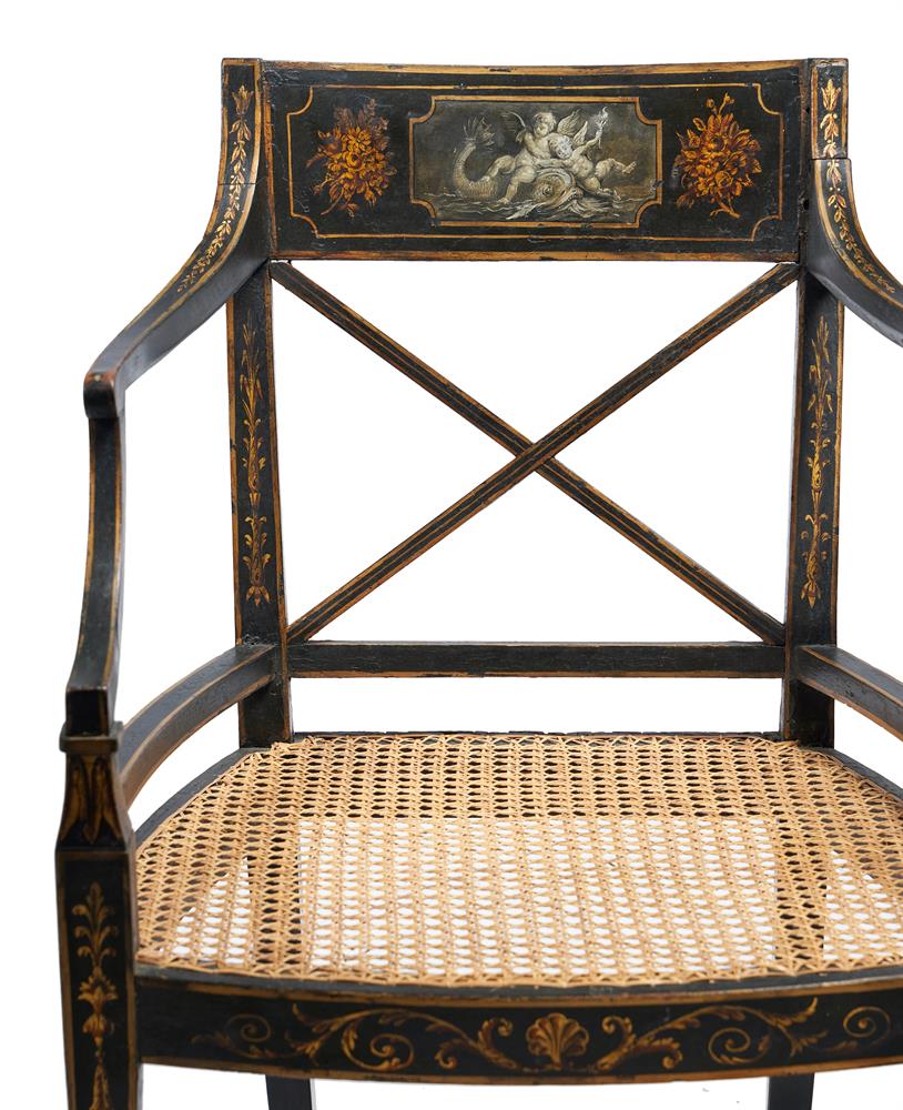 A SET OF FOUR EBONISED PARCEL GILT AND PAINTED ARMCHAIRS, CIRCA 1810 AND LATER - Bild 3 aus 7
