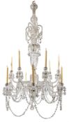 A LARGE CUT AND MOULDED GLASS AND SILVER PLATE FOURTEEN LIGHT CHANDELIER, 20TH CENTURY
