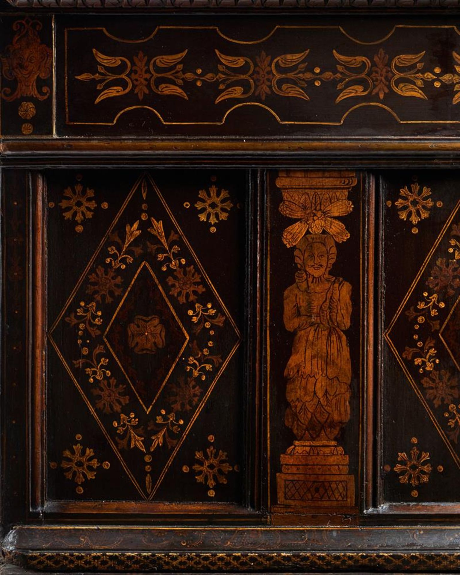 Y A CHARLES II PAINTED OAK, MOTHER OF PEAR AND BONE INLAID ENCLOSED CHEST OF DRAWERS, CIRCA 1660 - Image 16 of 17