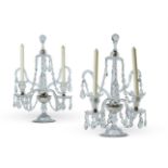 A PAIR OF FOUR BRANCH FACETED GLASS TWO LIGHT CANDELABRA, 20TH CENTURY IN THE LATE 18TH CENTURY MANN