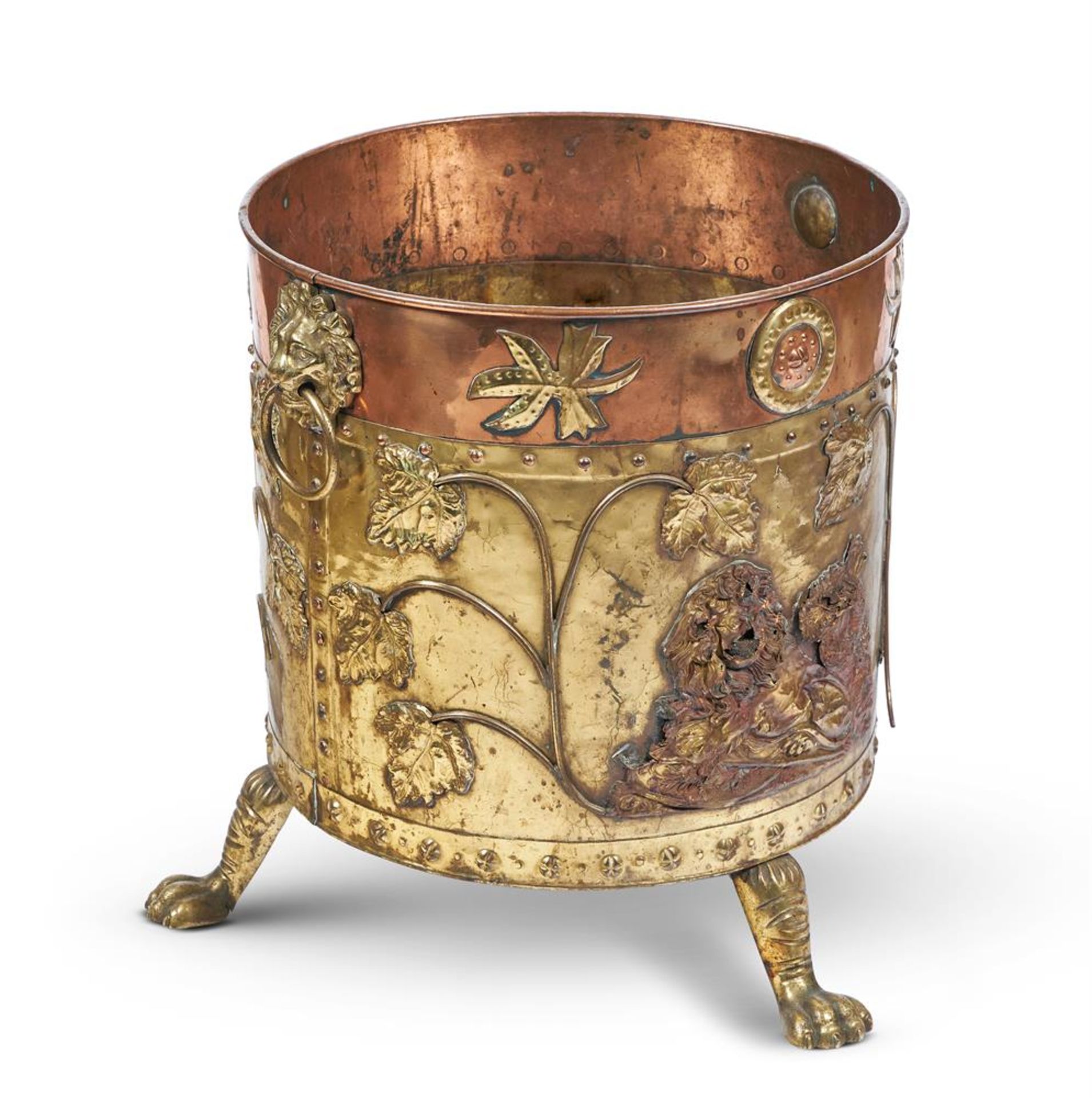 AN ANGLO-DUTCH COPPER AND BRASS EMBOSSED COAL BUCKET, MID 19TH CENTURY