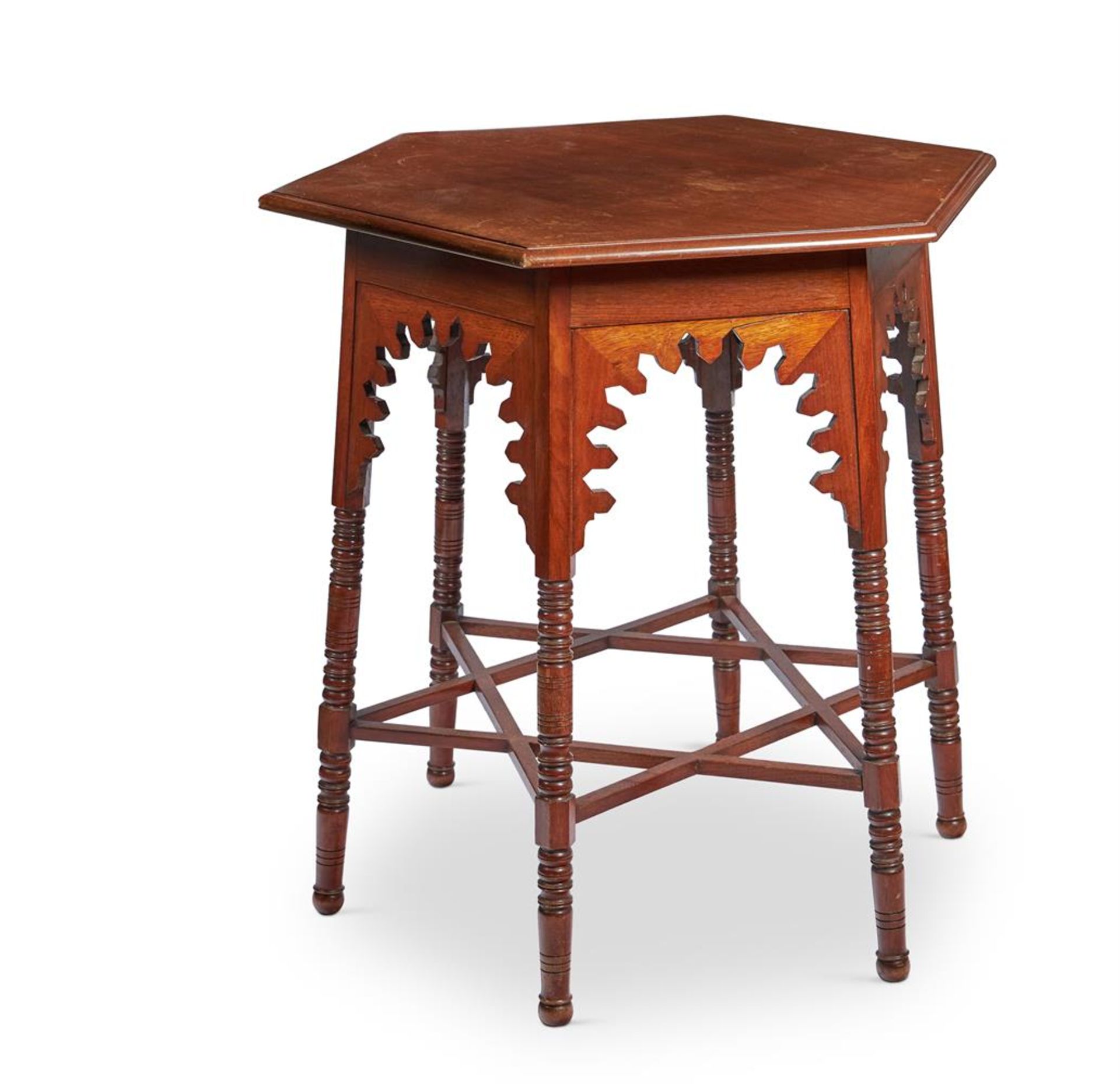 AN EDWARDIAN MAHOGANY OCCASIONAL TABLE IN 'MOORISH' TASTE, CIRCA 1905