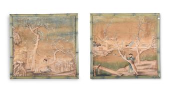 A PAIR OF FRAMED CHINESE WALLPAPER FRAGMENTS LAID ON CANVAS, LATE 18TH/EARLY 19TH CENTURY