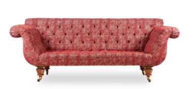A VICTORIAN WALNUT AND RED UPHOLSTERED SOFA, CIRCA 1850