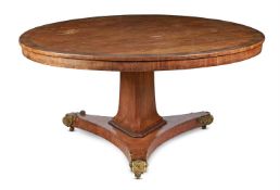 Y A REGENCY SATINWOOD ROSEWOOD CROSSBANDED AND GILT METAL MOUNTED CENTRE TABLE, CIRCA 1820