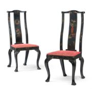 A PAIR OF BLACK LACQUER AND DECORATED SIDE CHAIRS, MID 18TH CENTURY