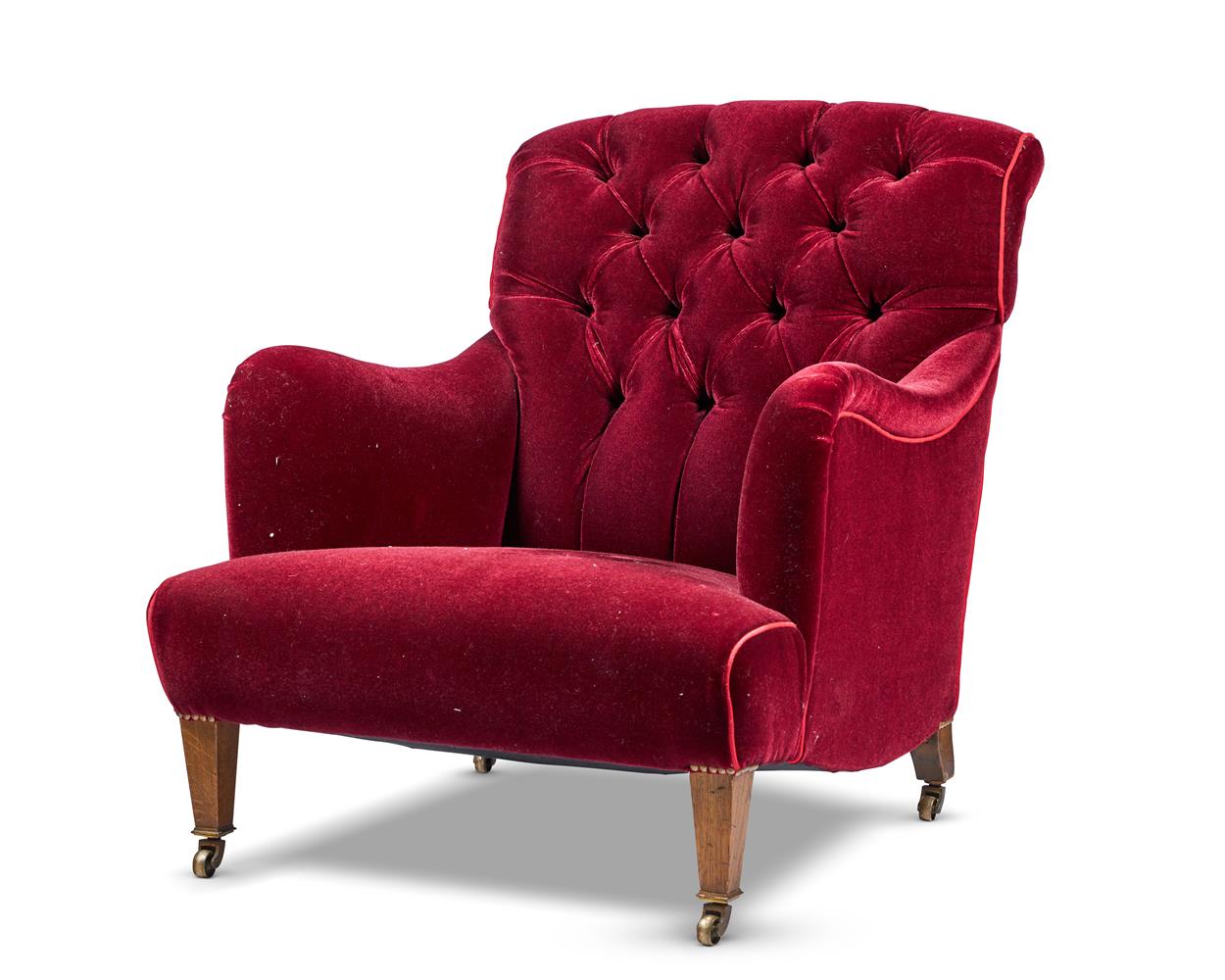 A HOWARD & SONS RED VELVET UPHOLSTERED ARMCHAIR, CIRCA 1920